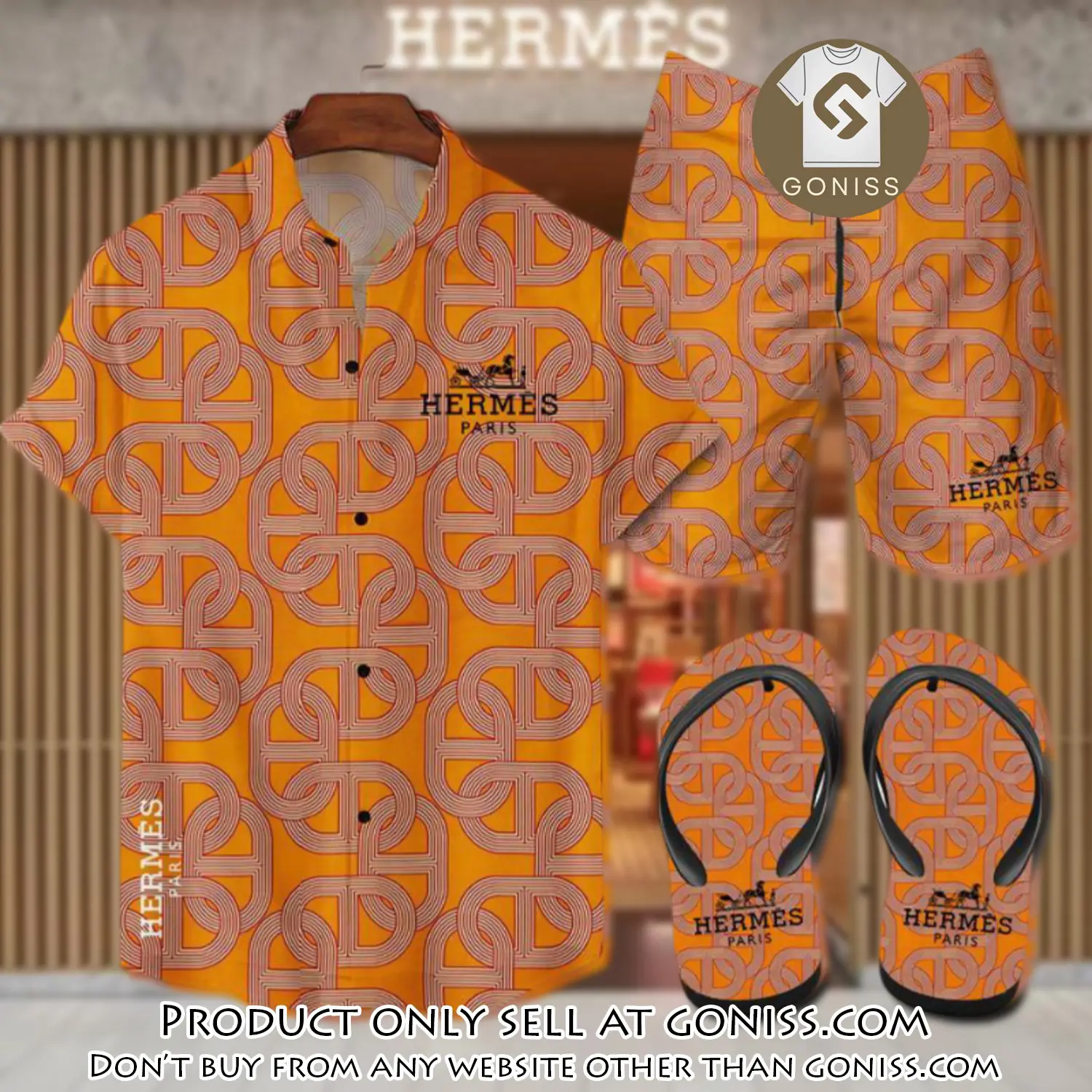 Hermes flip flops and combo hawaii shirt shorts luxury brand summer outfit hsf082 gn0554411